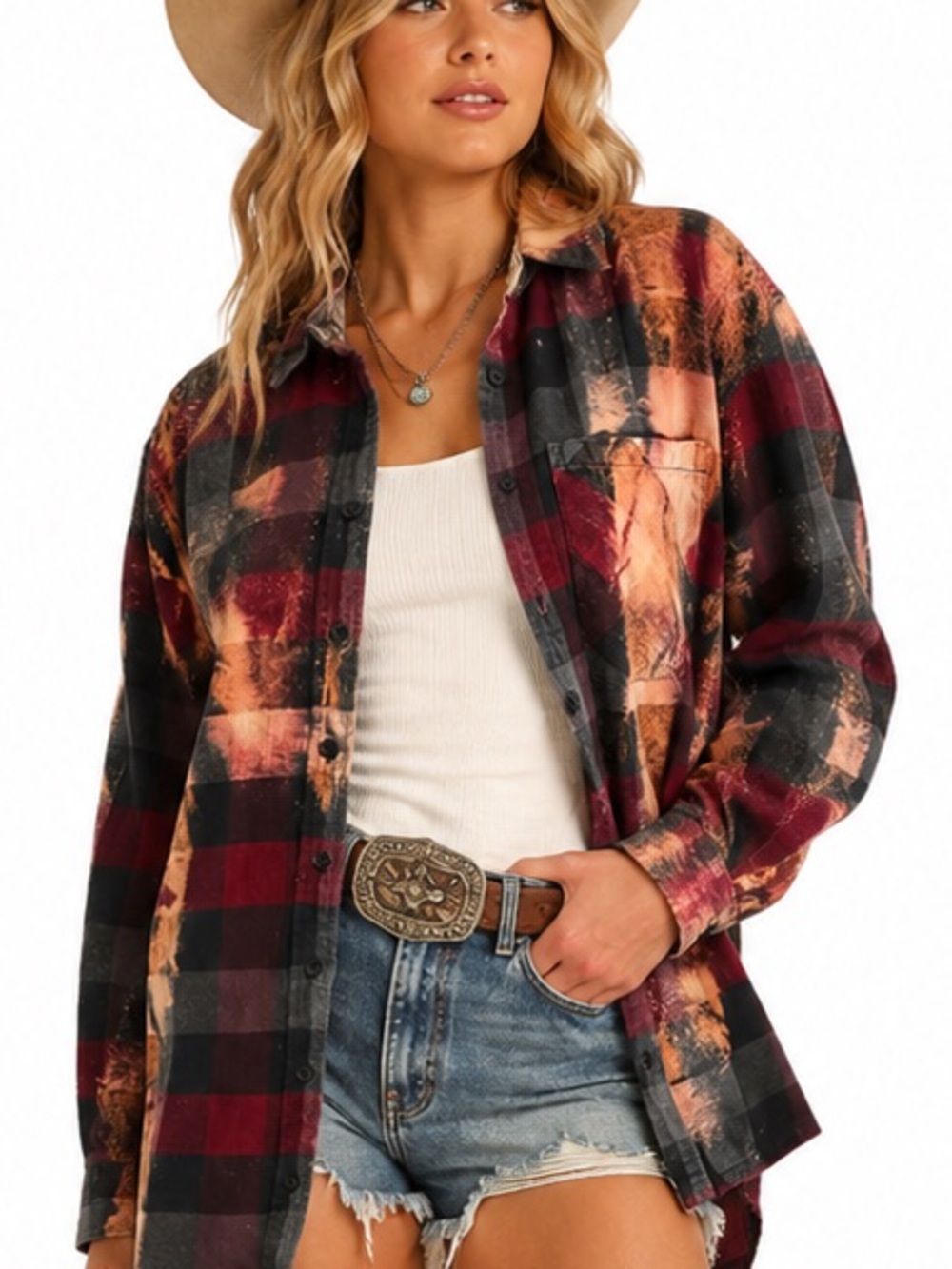 Franklin Flannels Medium Upcycled Bleached Buffalo Plaid Flannel Shirt Shacket
